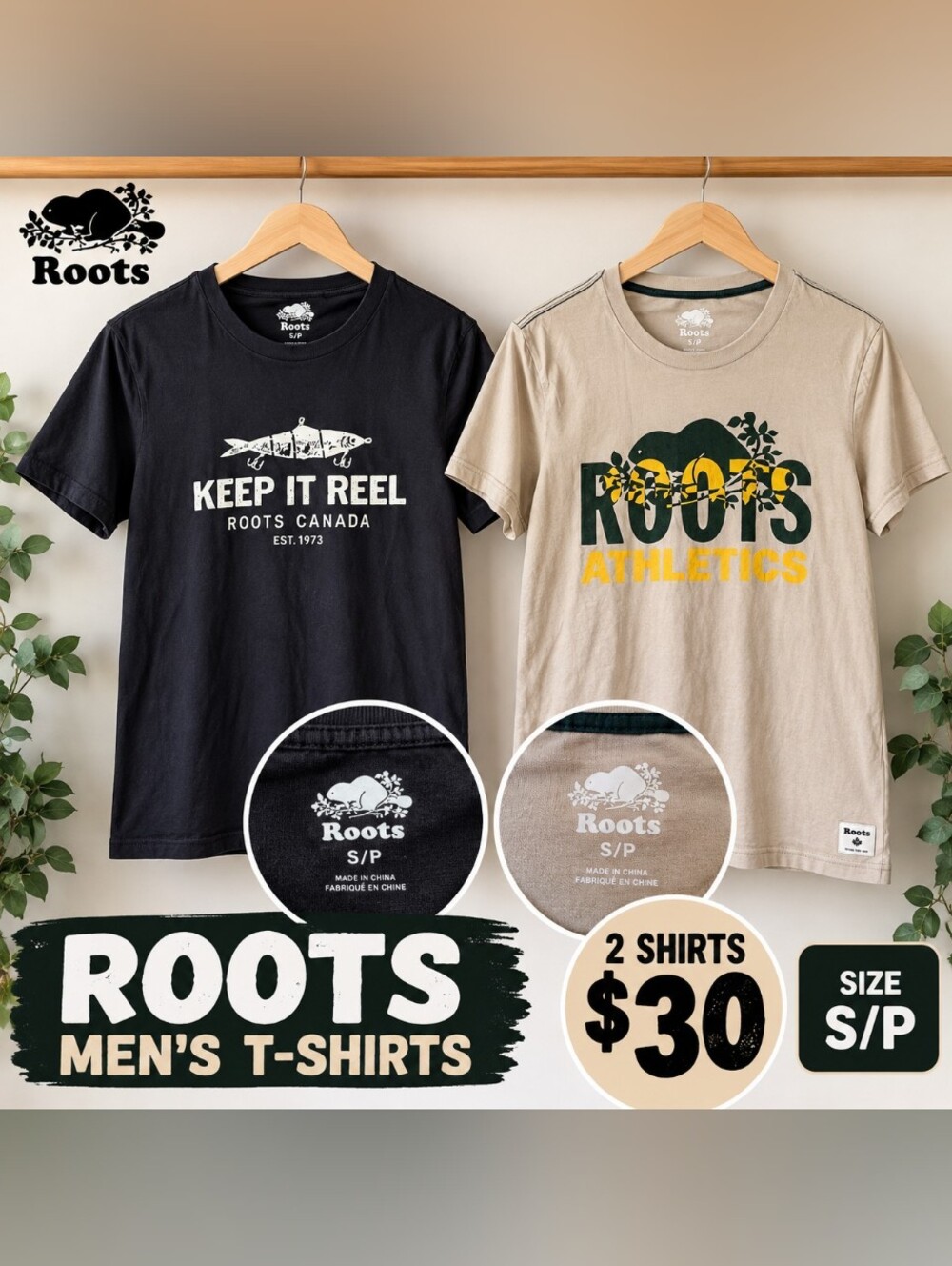 Roots Men's Short Sleeve Tees in Black and Tan - Graphic Crew Necks